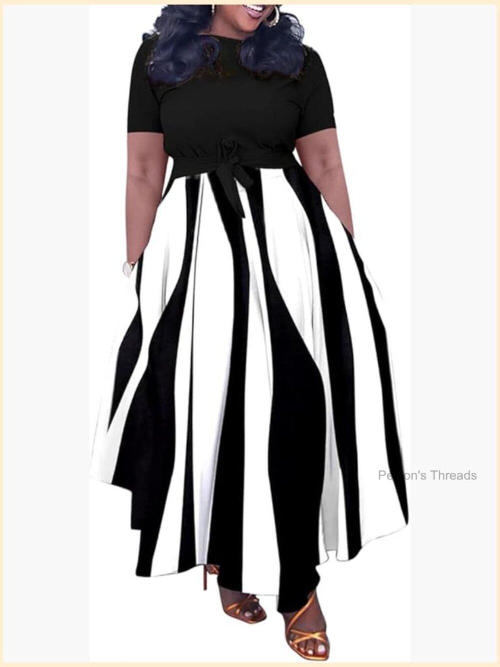 Plus Size A Line Maxi Dress with Belt 3/4 Sleeve Casual